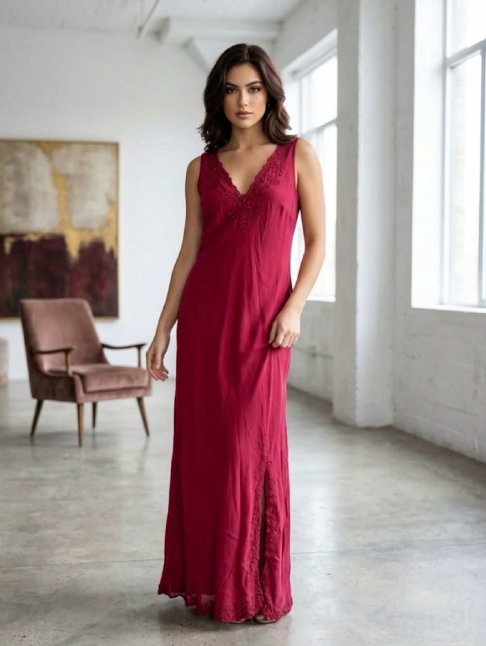 August Silk NEW Dark Red 100% Silk Vneck Sleeveless Embroidered Gems Size 14